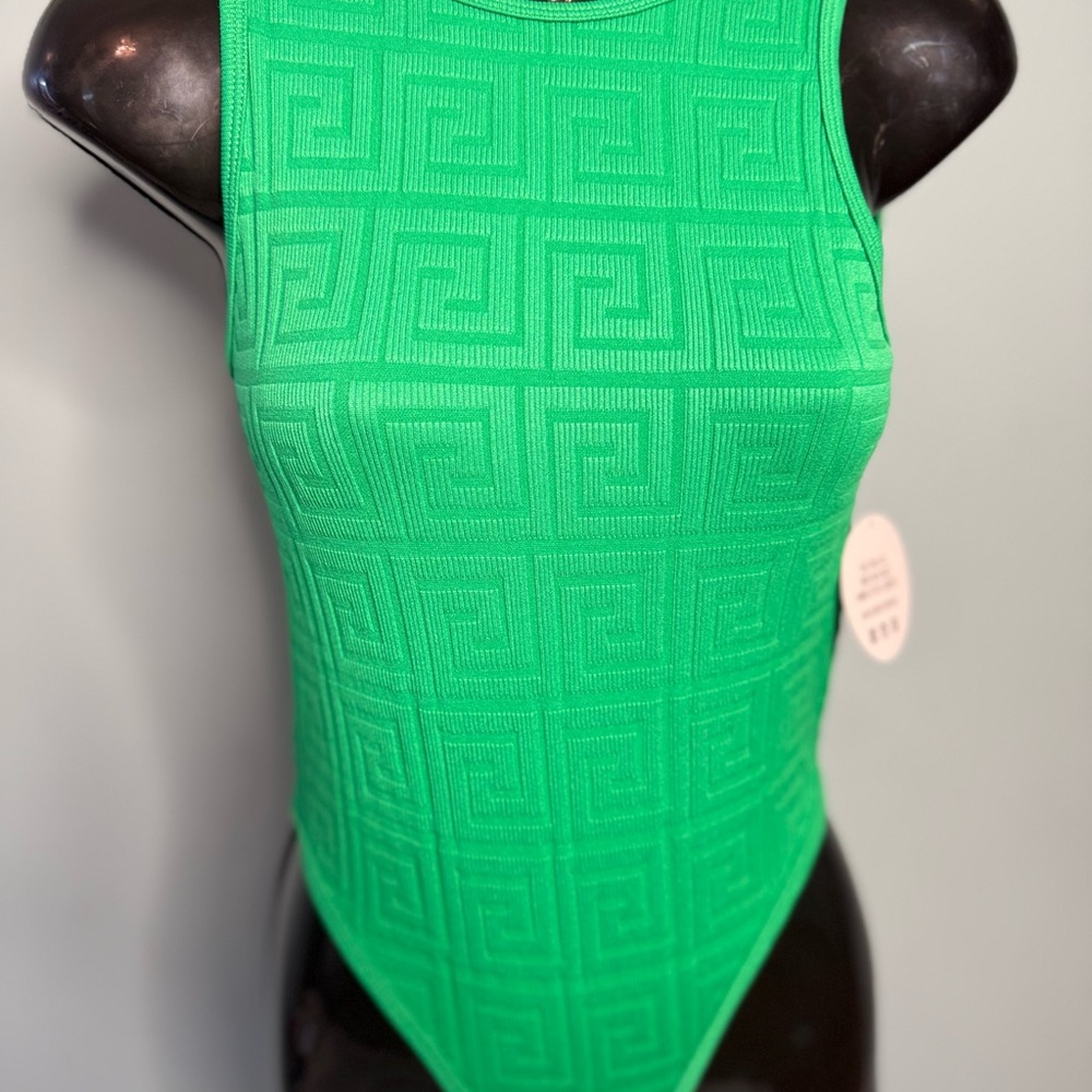 Vibrant Green Sleeveless Greek Key Design Fitted Bodysuit